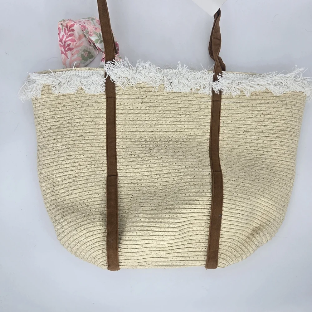 NWT Rachel Zoe Bohemian Woven‎ Raffia Fringe beach Tote Bag Tan Pink Floral bow